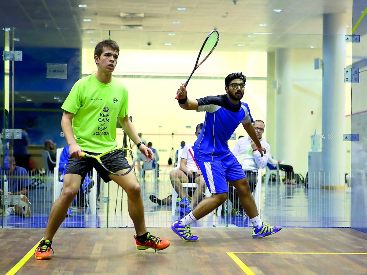 Qatar’s Syed Azlan Amjad (right) in action during the second Aspire Academy Professional Squash Association (PSA) Satellite Tournament at the Academy’s squash courts in this March 2017 file picture.