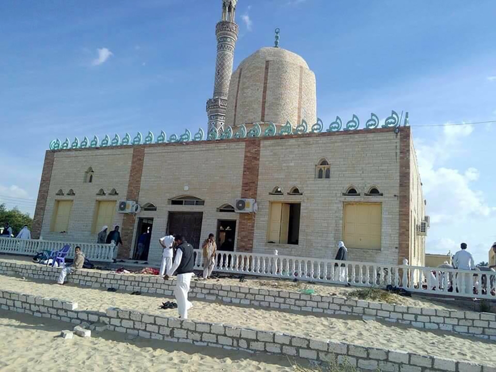 View of the Rawda mosque, roughly 40 kilometres west of the North Sinai capital of El-Arish, after a gun and bombing attack, on November 24, 2017. / AFP / STRINGER