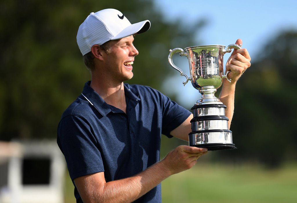 Australia's Cameron Davis holds the Stonehaven Cup after winning the Australian Open Golf Championship at The Australian Golf Club in Sydney, Australia, November 26, 2017. AAP/David Moir/via REUTERS 