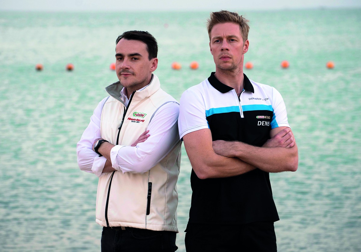 WTCC points leader Thed Bjork (right) and second-placed Norbert  Michelisz are seen at St Regis Hotel in Doha yesterday. RIGHT:  Moroccan star Mehdi Bennani.