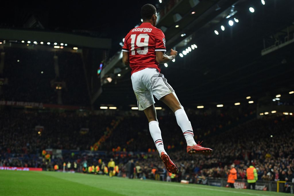  Manchester United's English striker Marcus Rashford celebrates after scoring their second goal during the UEFA Champions League Group A football match between Manchester United and CSKA Moscow at Old Trafford in Manchester, north west England on December