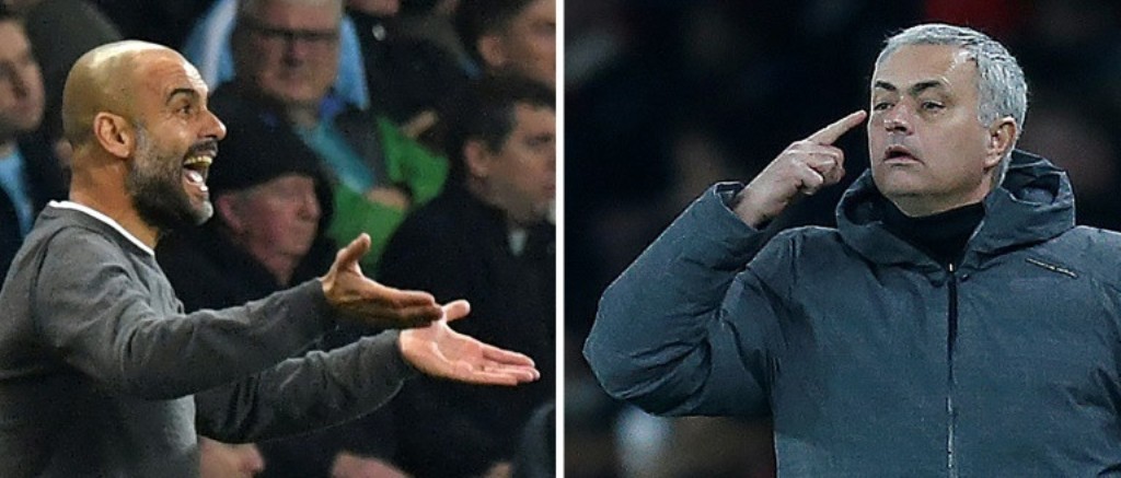 Manchester United are seeking to set a record by notching up a 41st consecutive home match without defeat and Manchester City manager Pep Guardiola (L) is wary of his old foe Jose Mourinho's (R) ability to roll with the punches. AFP/File / Anthony Devlin,