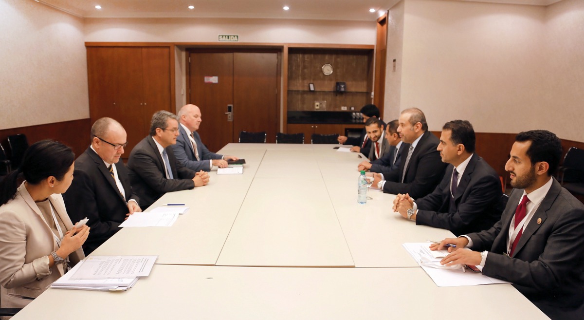 The Minister of Economy and Commerce H E Sheikh Ahmed bin Jassim Al Thani (third right) co-chairing the first session of the joint meeting of Qatari-Argentine Committee for Economic and Commercial Cooperation meeting in Buenos Aires, Argentina, yesterday.