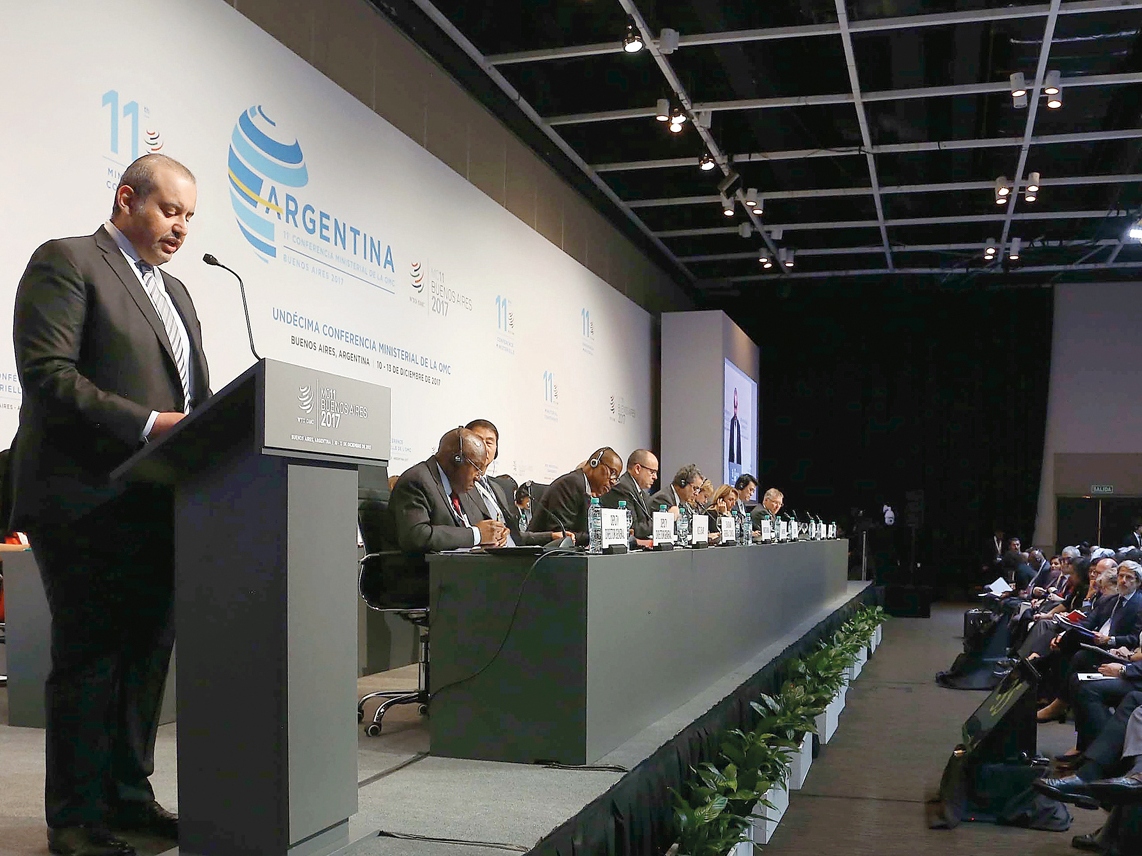 Minister of Economy and Commerce H E Sheikh Ahmed bin Jassim Al Thani addressing the WTO’s 11th Ministerial Conference in Buenos Aires, Argentina, yesterday.