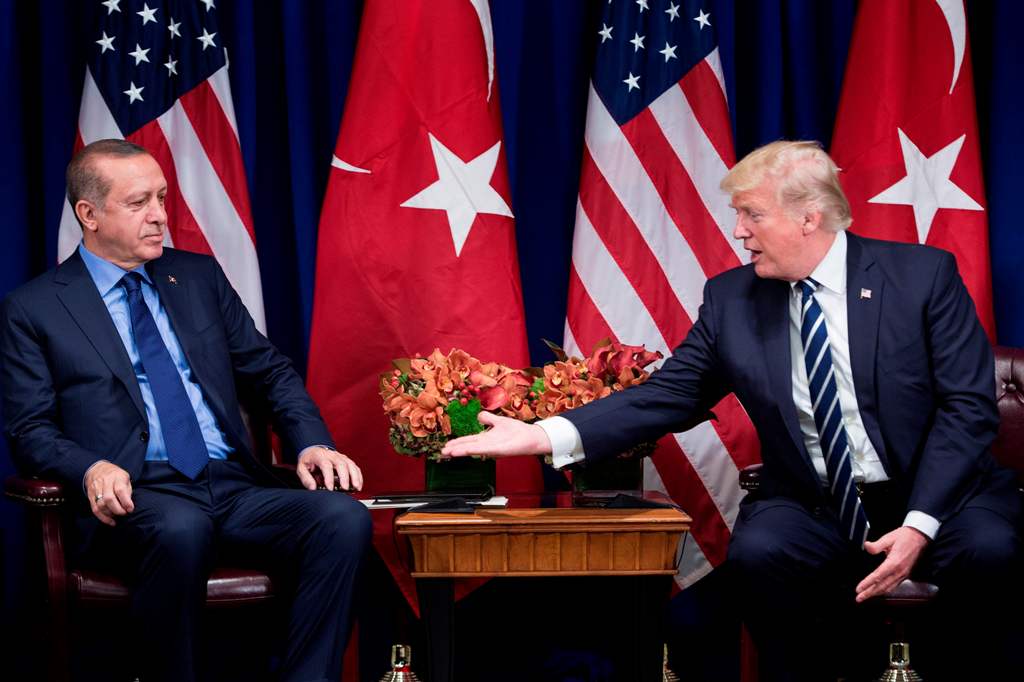 (FILES) This file photo taken on September 21, 2017 shows US President Donald Trump reaching to shake Turkey's President Recep Tayyip Erdogan's hand before a meeting at the Palace Hotel during the 72nd United Nations General Assembly in New York City.  AF