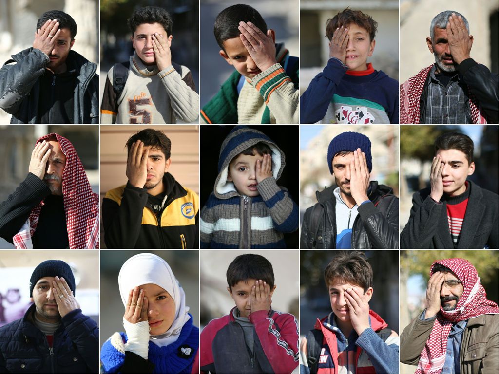 (COMBO) This combination of pictures created on December 19, 2017 shows Syrians covering one eye with their hands in the rebel-held town of Douma in Syria's besieged eastern Ghouta region, as part of a campaign in solidarity with a baby boy, Karim Abdalla