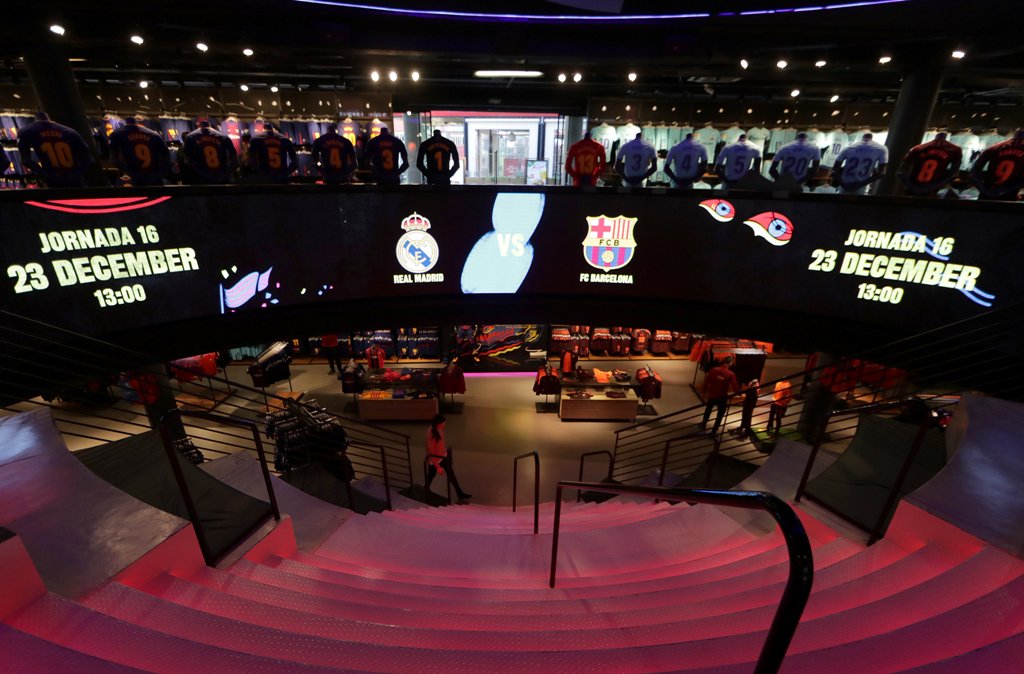 A sign at Barcelona Football Club store advertises the upcoming 