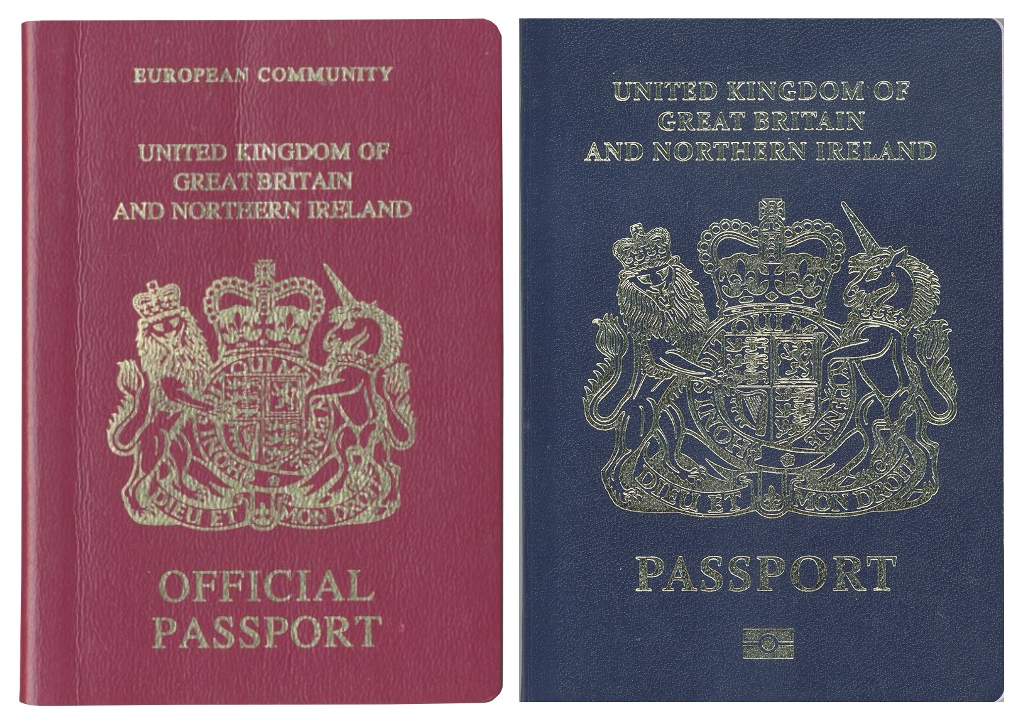 A combination image of two handout pictures released on December 22, 2017 by the UK passport office shows a burgundy (L) and blue United Kingdom passport. ( AFP / UK PASSPORT OFFICE)