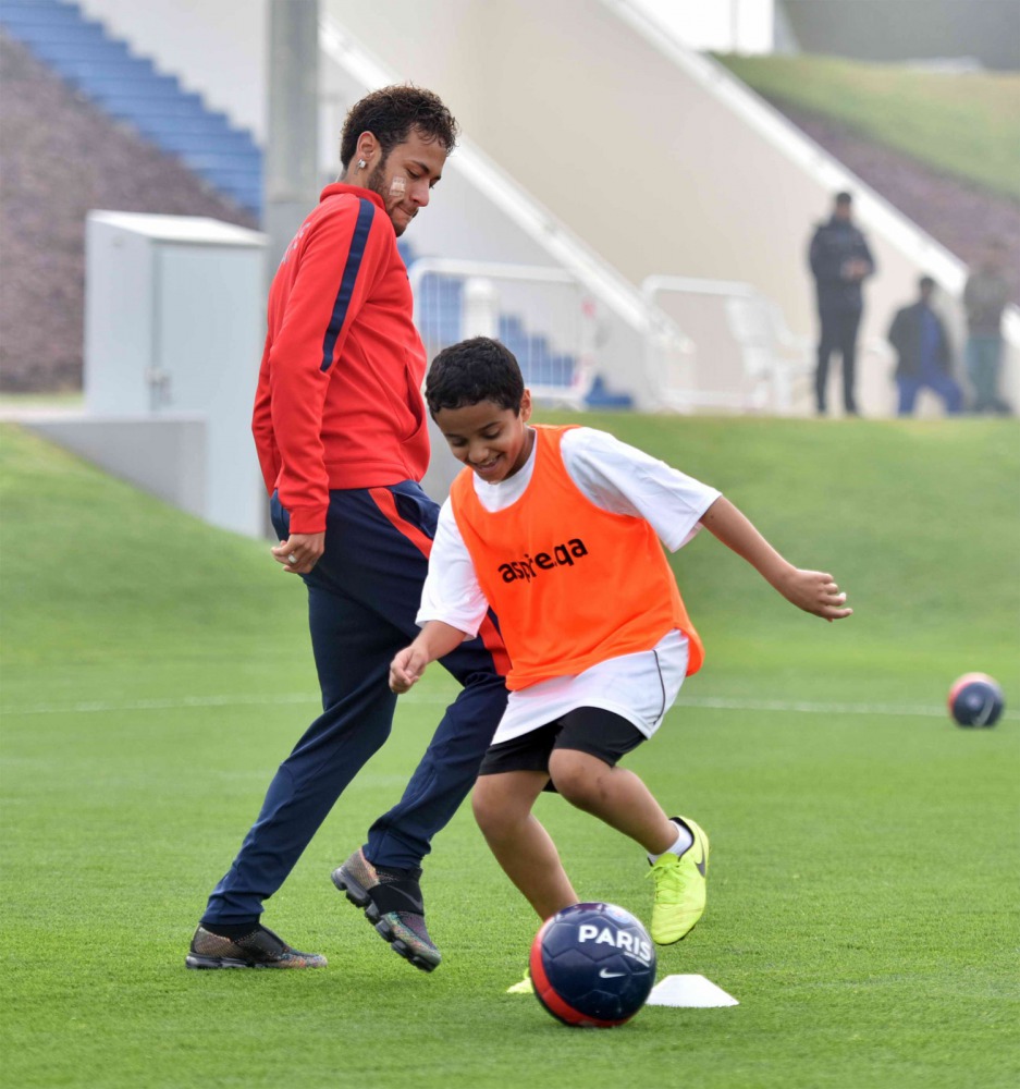 Neymar JR during the training session at Aspire Zone, which brought together Paris Saint-Germain star players with over 20 students from Qatari public schools. 