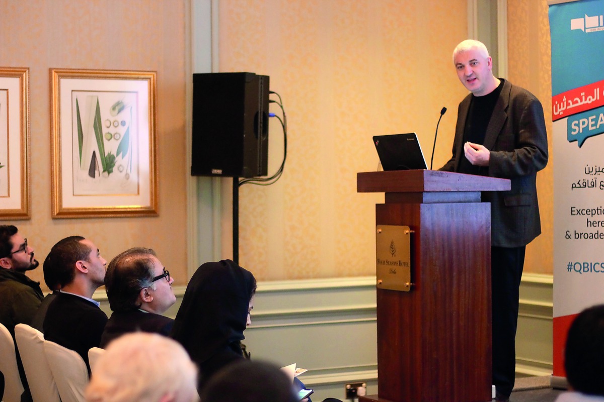 Professor Joe Haslam , Executive Director of the Owners Scaleup Program at IE Business School, speaking at the QBIC’s speaker series session at the Four Seasons Hotel. 