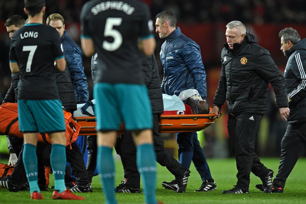 Manchester United's Belgian striker Romelu Lukaku is taken off on a stretcher after appearing to pick up a head injury during the English Premier League football match between Manchester United and Southampton at Old Trafford in Manchester, north west Eng