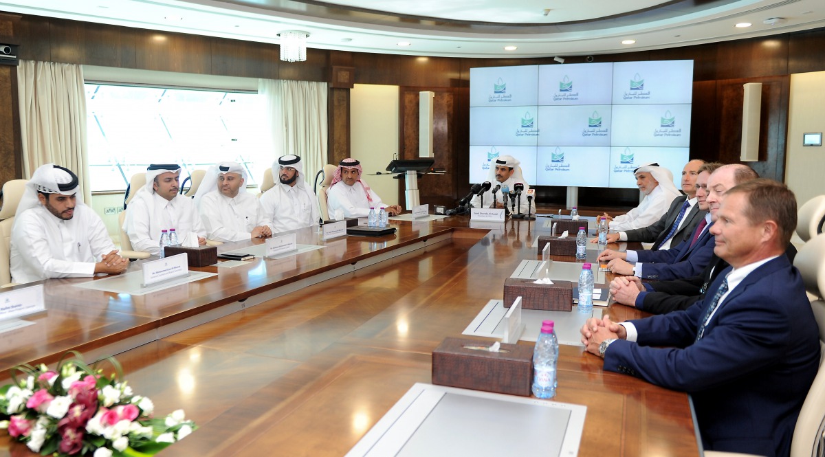 Saad Sherida Al Kaabi, President & CEO of QP and other officials at the press conference yesterday. Abdul Basit / The Peninsula 