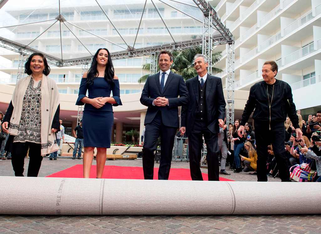 (L-R) Golden Globe Ambassador Simone Garcia Johnson; President of the Hollywood Foreign Press Association Meher Tatna; Host Seth Meyers; CEO of Dick Clark Productions and Executive Producer Allen Shapiro; and EVP of Television for Dick Clark Productions a
