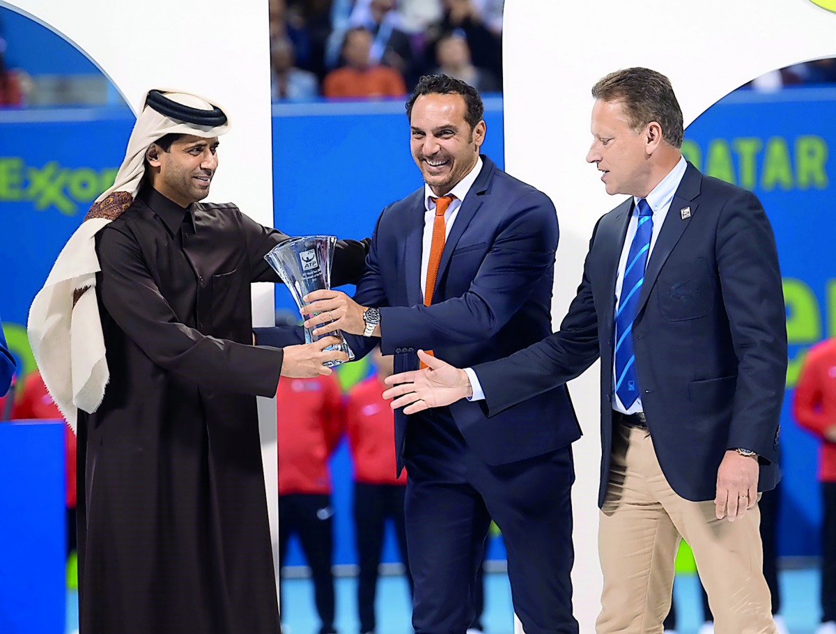 President of Qatar Tennis Federation (QTF) Nasser Al Khelaifi is seen with Tournament Director of the Qatar ExxonMobil Open Karim Alami and ATP Tour Supervisor Lars Graff in Doha on Saturday.