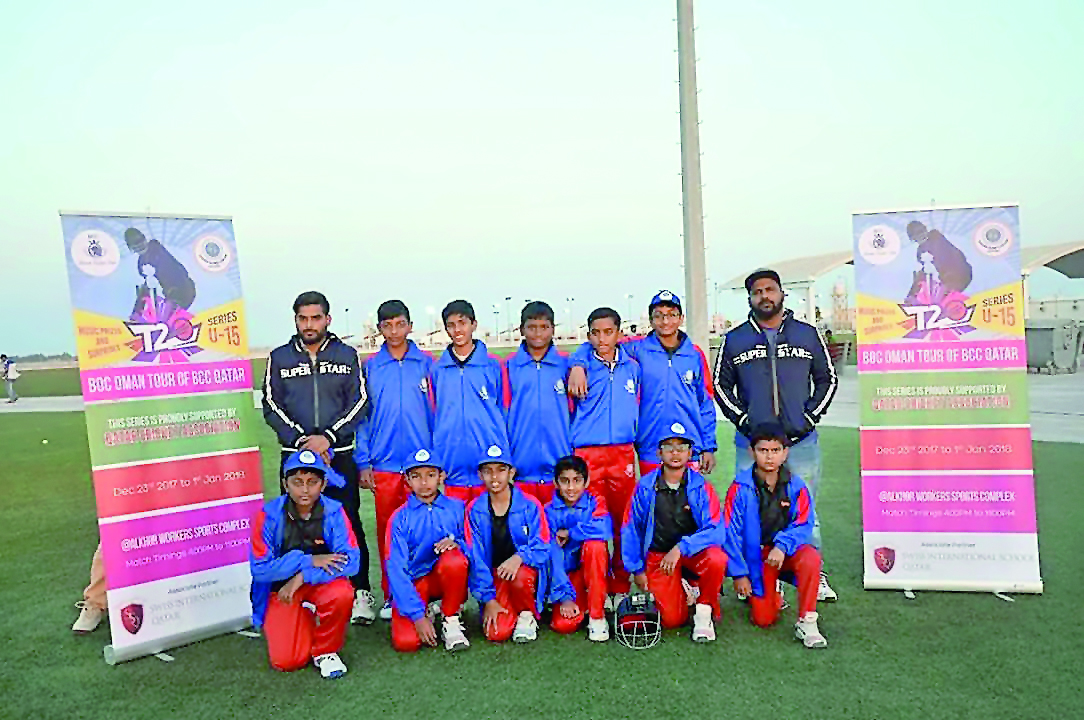 The members of the Bosher Olympic Centre, Oman and Barwa Cricket Club, Qatar pose for a picture during their T20 U-15 held at the Al Khor Workers Sports Complex last week.