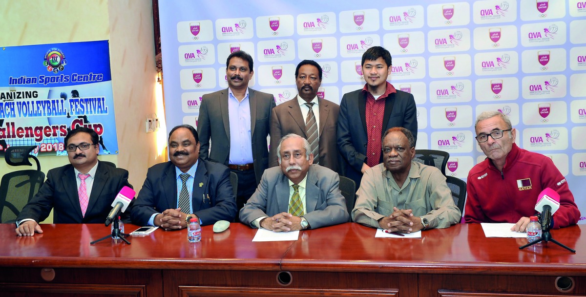 Indian Sports Centre Volleyball Head, Ashik Ahmed, General Secretary Mohd Habibun Nabi, President, Nilangshu Day, Qatar Volleyball Association representatives Hussein Imam Ali, and Roberto Reggiani, with other officials at a press conference on Inter Comm