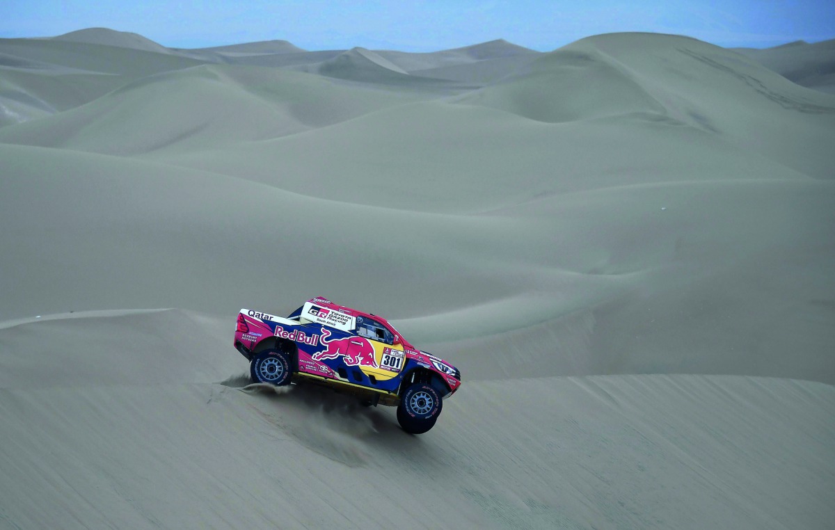 Toyota’s Qatari driver Nasser Al Attiyah and French co-driver Mathieu Baumel compete during the 2018 Dakar Rally yesterday.