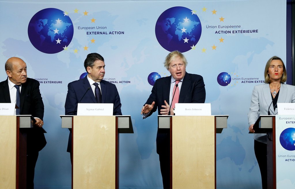 Britain's Foreign Secretary Boris Johnson attends a news conference with French Foreign Minister Jean-Yves Le Drian, German counterpart Sigmar Gabriel and European Union's foreign policy chief Federica Mogherini after meeting Iran's Foreign Minister Moham