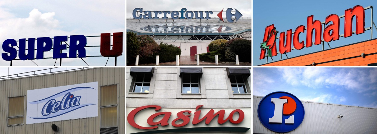 This combination of photos shows (top row from L) a logo of a Super U store in Herouville-Saint-Clair, French supermarket giant Carrefour in Villiers-en Biere, the sign of the Auchan supermarket in Toulouse, (back row from L) the Celia dairy company's inf