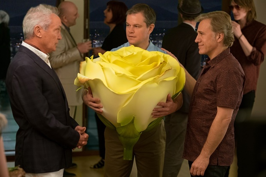 A still of the actors Matt Damon, Christoph Waltz and Udo Keir from thr movie Downsizing.