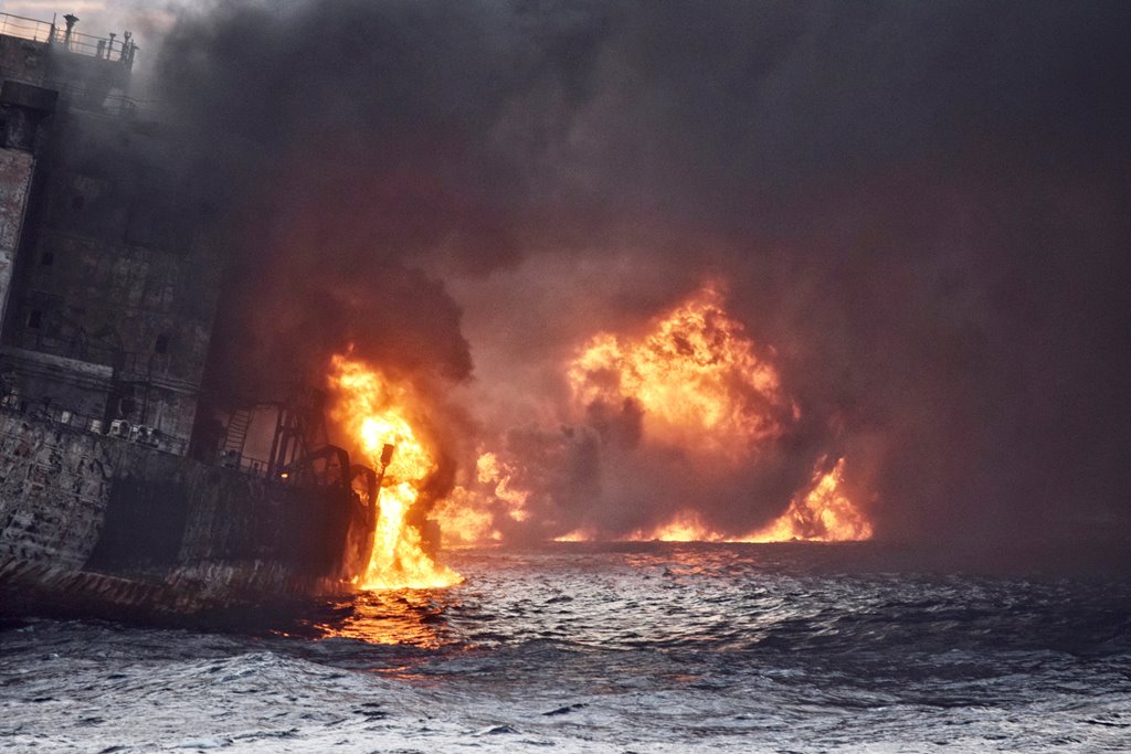 Iranian oil tanker Sanchi is seen engulfed in fire in the East China Sea, in this January 13, 2018, picture provided by Shanghai Maritime Search and Rescue Centre and released by China Daily. China Daily via Reuters