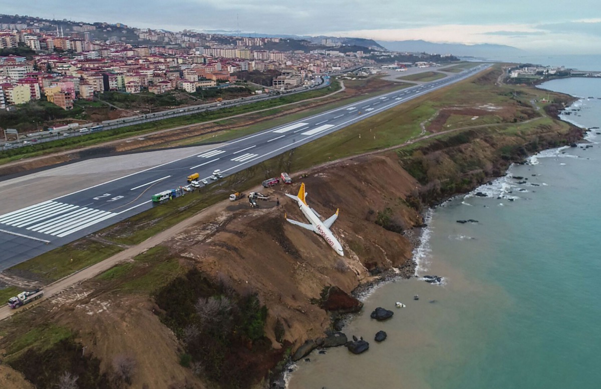 A Pegasus Airlines Boing 737 passenger plane is seen struck in mud on an embankment, a day after skidding off the airstrip, after landing at Trabzon's airport on the Black Sea coast on January 14, 2018. (AFP / IHLAS NEWS AGENCY )