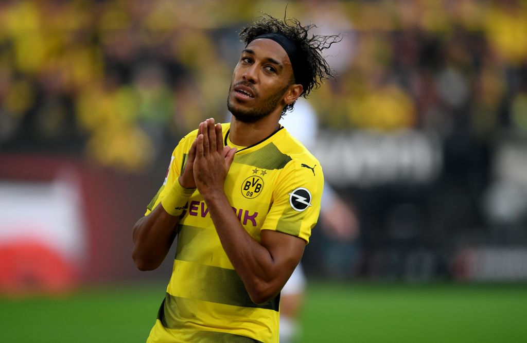 (FILES) This file photo taken on September 23, 2017 shows Dortmund's Gabonese striker Pierre-Emerick Aubameyang reacting during a German First division Bundesliga football match Borussia Dortmund vs Borussia Moenchengladbach in Dortmund, western Germany. 