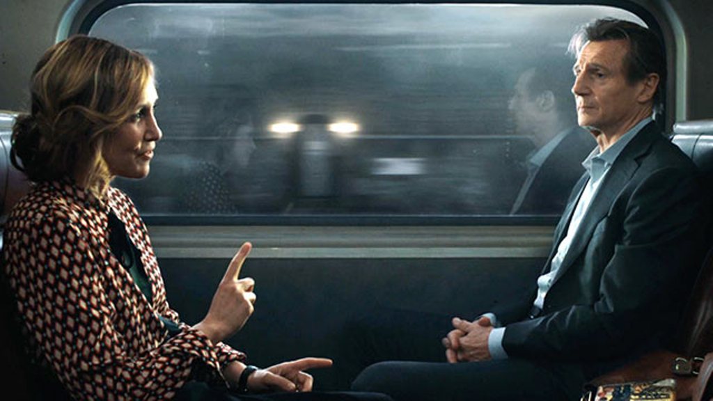 A stll of actors Liam Neeson and Vera Farmiga from the movie The Commuter.