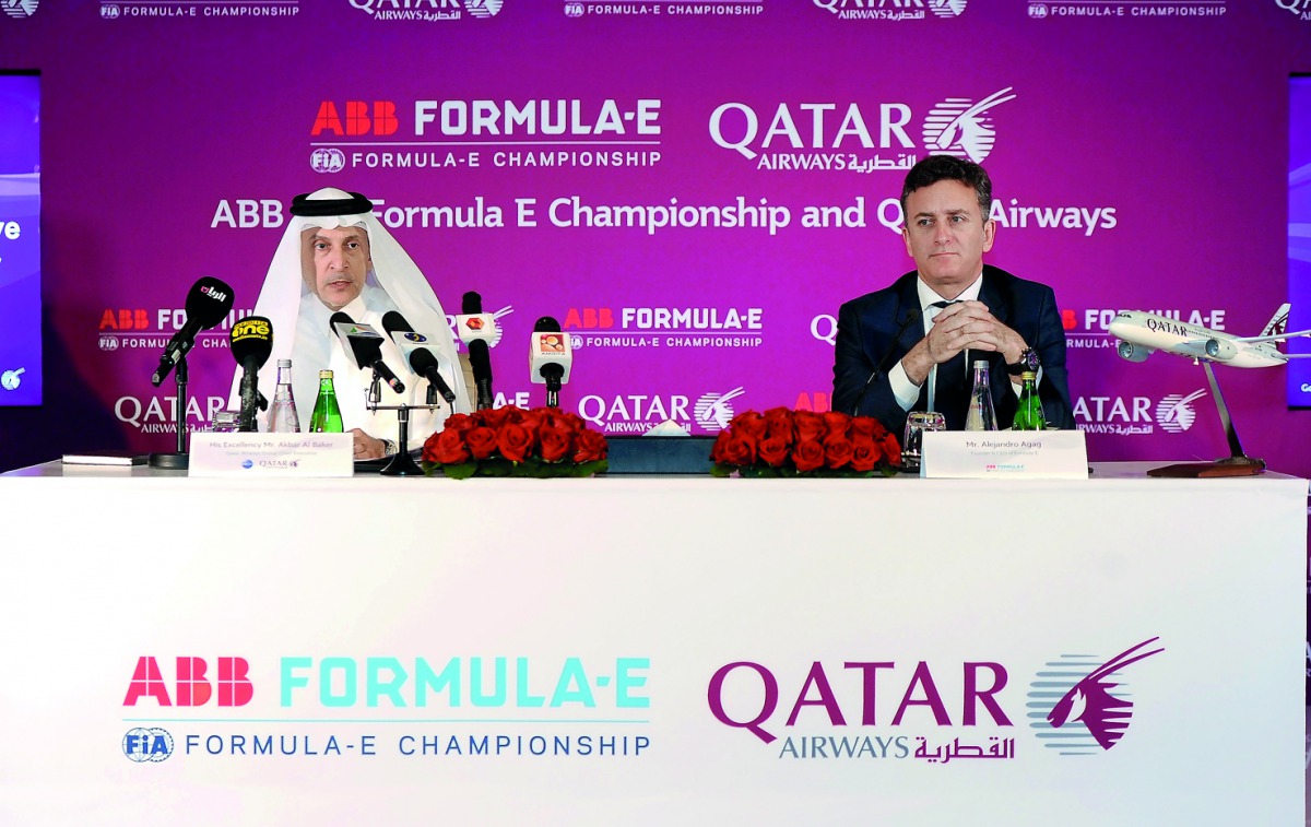 Akbar Al Baker, (left) Qatar Airways Group Chief Executive and Alejandro Agag, Chief Executive Officer of Formula-E during a press conference in Doha yesterday. Picture: Abdul Basit/The Peninsula