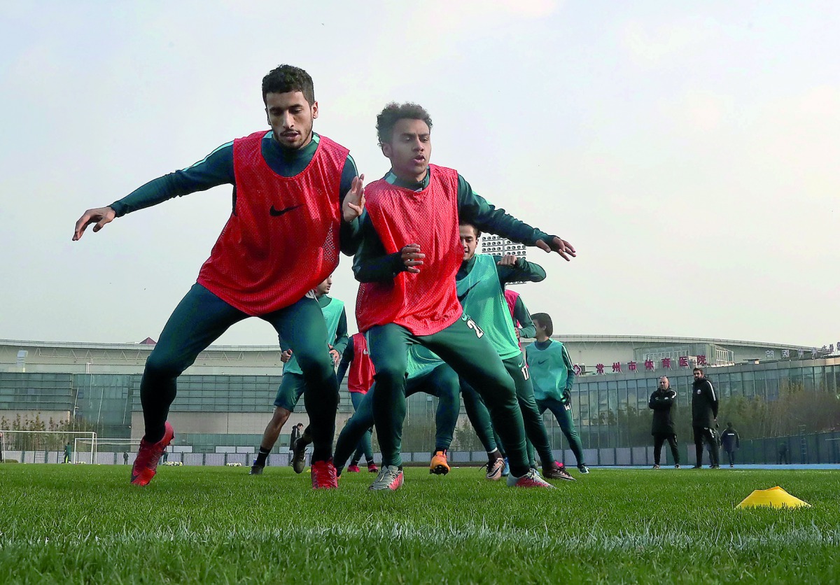 Qatari players in action during a training session on the eve of their AFC U-23 Asian Cup match against Vietnam in Changzhou, china yesterday. 
