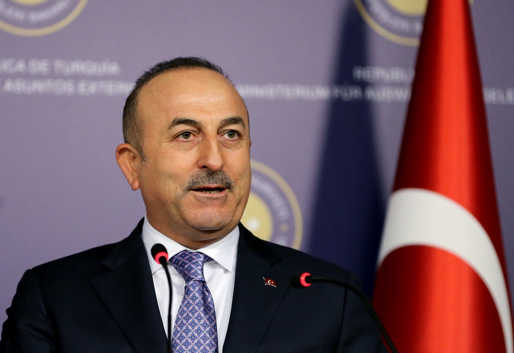 Minister of Foreign Affairs of Turkey, Mevlut Cavusoglu speaks during a joint press conference held with Austrian Foreign Minister Karin Kneissl (not seen) at Dolmabahce Prime Minister's Office in Istanbul, Turkey on January 25, 2018. ( ?sa Terli - Anadol