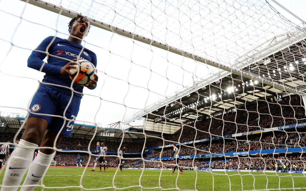 Chelsea's Michy Batshuayi reacts after Marcos Alonso scored their third goal Action Images via Reuters/John Sibley
