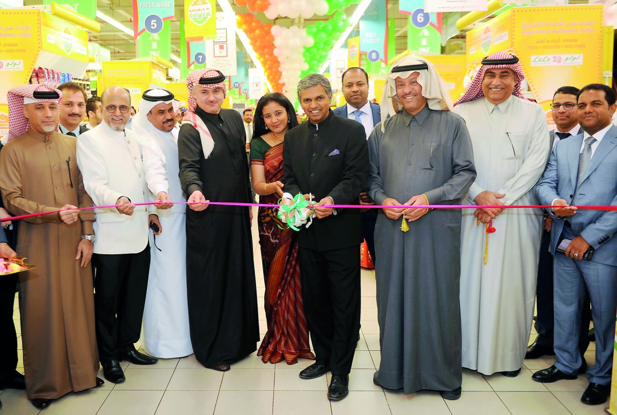 The Ambassador of India to Qatar, P Kumaran (centre), inaugurates Ultimate India Fest at Al Gharafa branch of Lulu Hypermarket, in the presence of Sheikh Hassan bin Khaled Al Thani (third right), Dr. R. Seetharaman (second left) Group CEO of Doha Bank, Mo