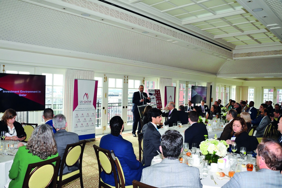 H E Sheikh Ahmed bin Jassim Al Thani (at the podium), the Minister of Economy and Commerce, addressing the participants at a business luncheon organised by the US-Qatar Business Council on the sidelines of the ‘US-Qatar Strategic Dialogue’, in Washington 