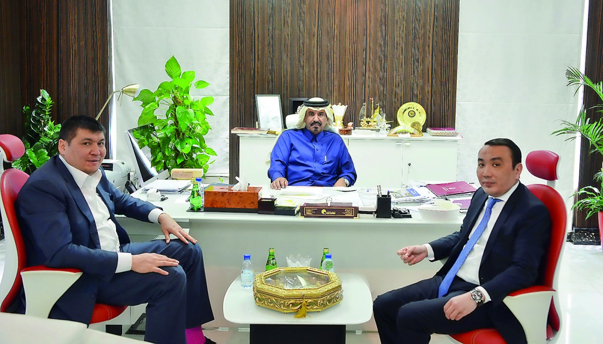 atar Chamber Vice-Chairman Mohamed bin Ahmed bin Towar Al Kuwari (centre) with Kazakhstan’s Ambassador to Qatar Askar Shokybayev (right) and CEO of the Astana’s International Financial Centre Norlan Kusenov during their meeting at Qatar Chamber headquarte