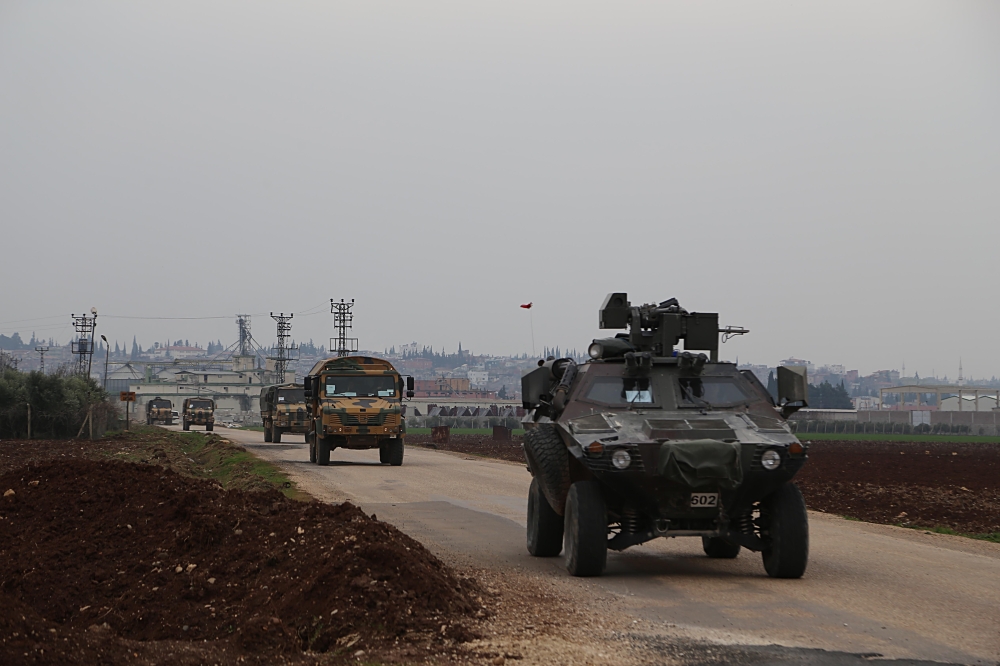 Turkish armored vehicles move towards Hassa district of Hatay, Turkey as part of the 