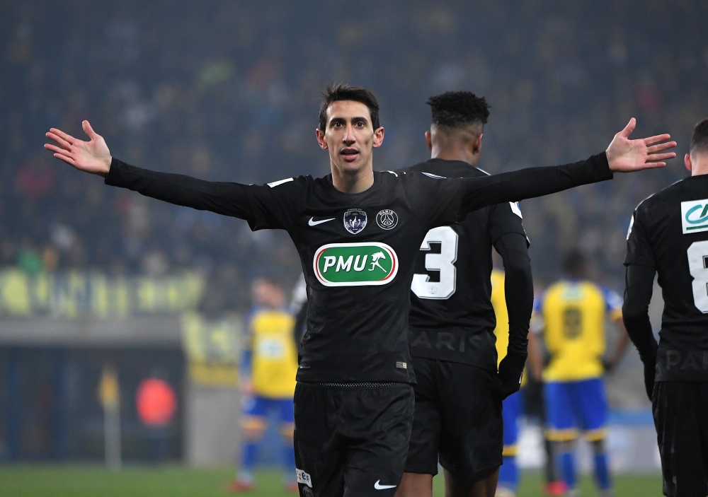 Paris Saint-Germain's Argentinian forward Angel Di Maria celebrates after scoring a goal during the French Cup football match between Sochaux (FCSM) and Paris Saint-Germain (PSG) on February 6, 2018 at the Auguste Bonal Stadium in Montbeliard, eastern Fra