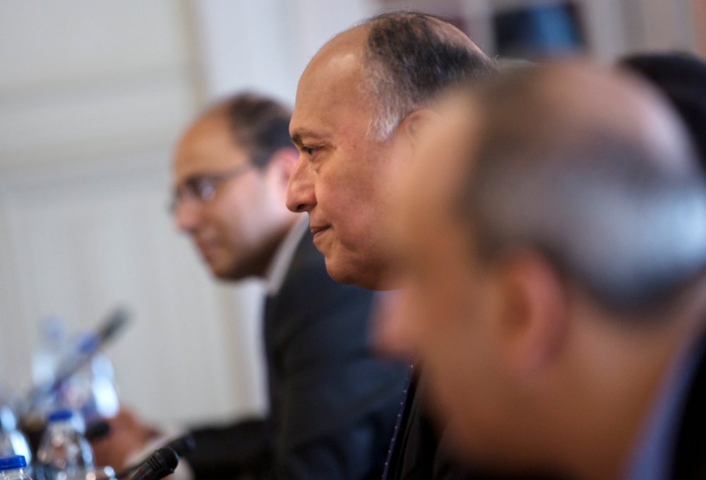 Egyptian Foreign Minister Sameh Shoukry talks during a meeting with his Sudanese counterpart Ibrahim Ghandour at Tahrir Palace in Cairo, Egypt February 8, 2018. Reuters/Amr Nabil