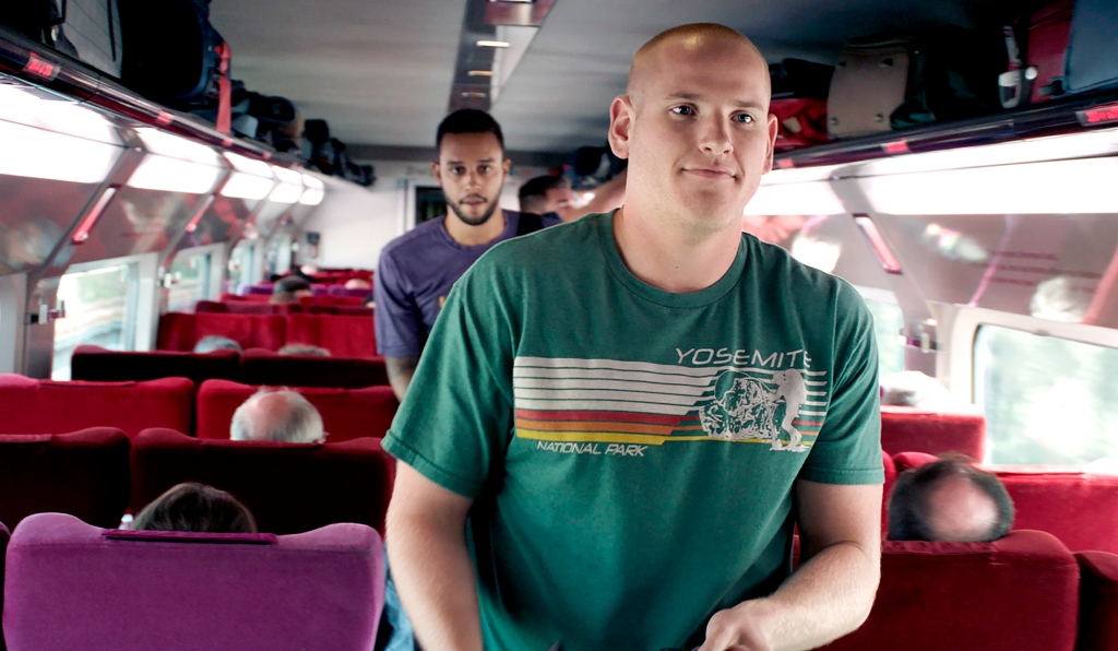 A still from the movie The 15:17 to Paris.