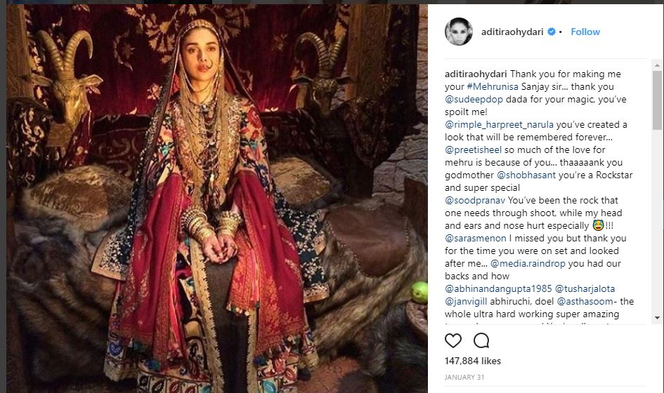 Screenshot of the instagram page of actress Aditi Rao Hydari dressed as Mehrunissa