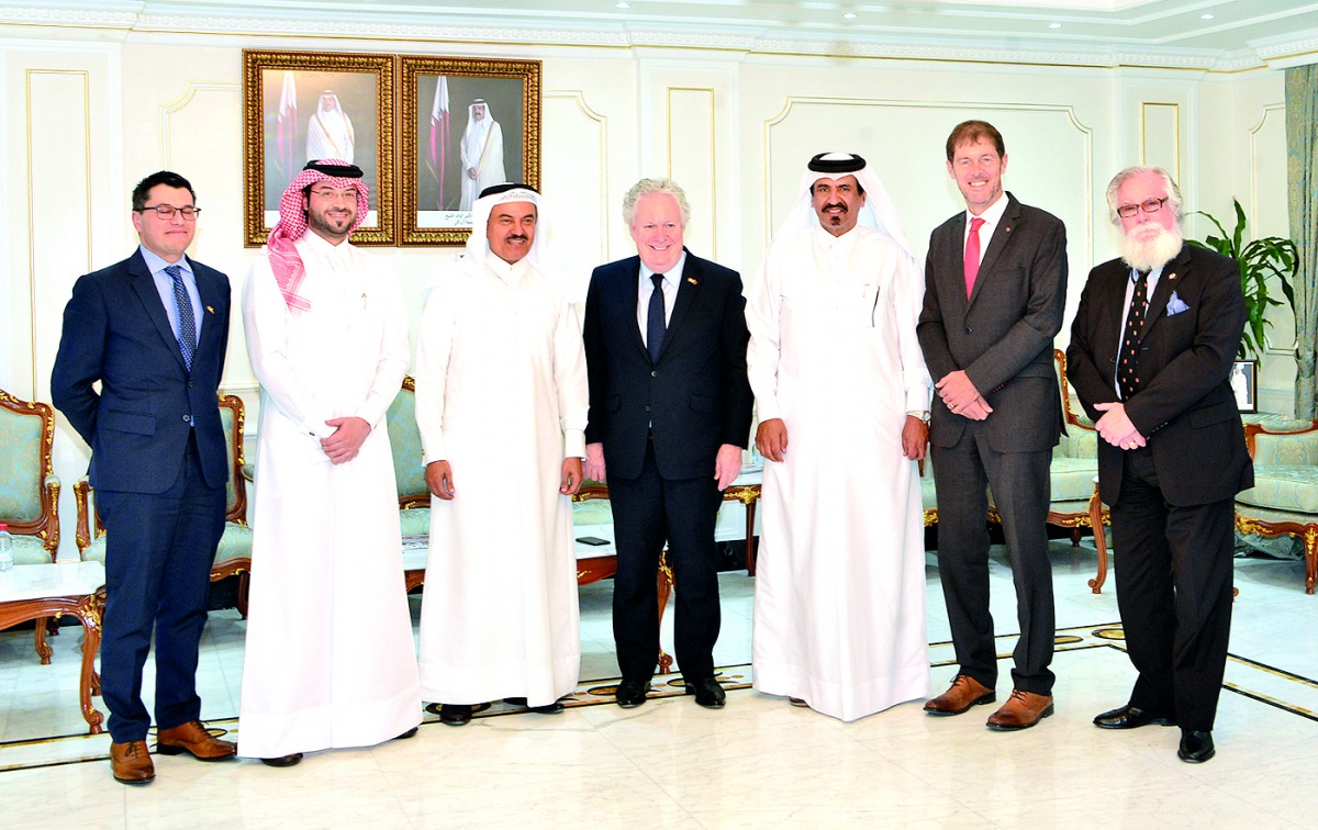 Qatar Chamber Vice Chairman Mohamed bin Ahmed bin Towar Al Kuwari (third right), Prime Minister of the Province of Quebec Jean Charest (centre) and Ambassador of Canada to Qatar Adrian Norfolk (second right) along with other officials during their meeting