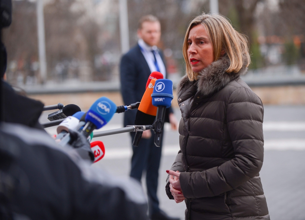 Federica Mogherini, High Representative of the European Union for Foreign Affairs and Security Policy speaks to journalists as she arrives for the Informal Meeting of EU Foreign Affairs ministers (Gymnich) in Sofia, Bulgaria on February 15, 2018. AFP / Ni