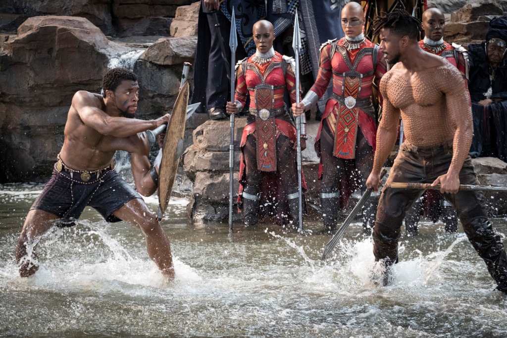A still of the actors Chadwick Boseman (L) and  Michael B. Jordan (R) from the movie Black Panther.