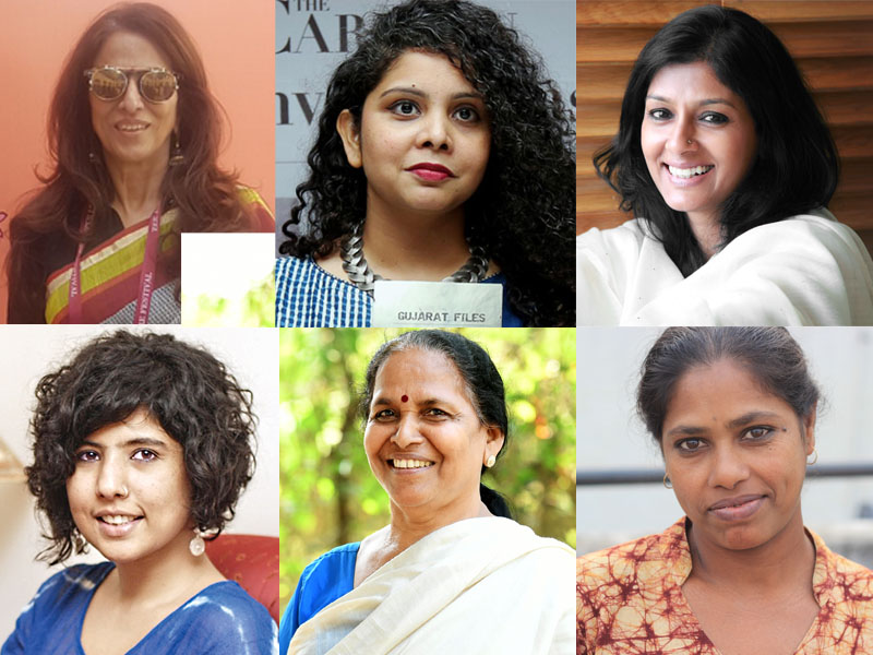 Clockwise from top: Shobhaa De, Rana Ayyub, Nandita Das, Meenakshi Reddy Madhavan, Nalini Jameela and Baby Haldhar.