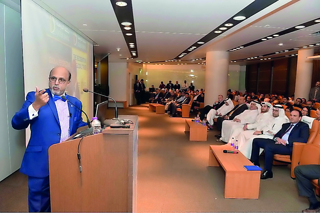  Dr R Seetharaman, CEO of Doha Bank addressing the event at the bank’s auditorium yesterday.