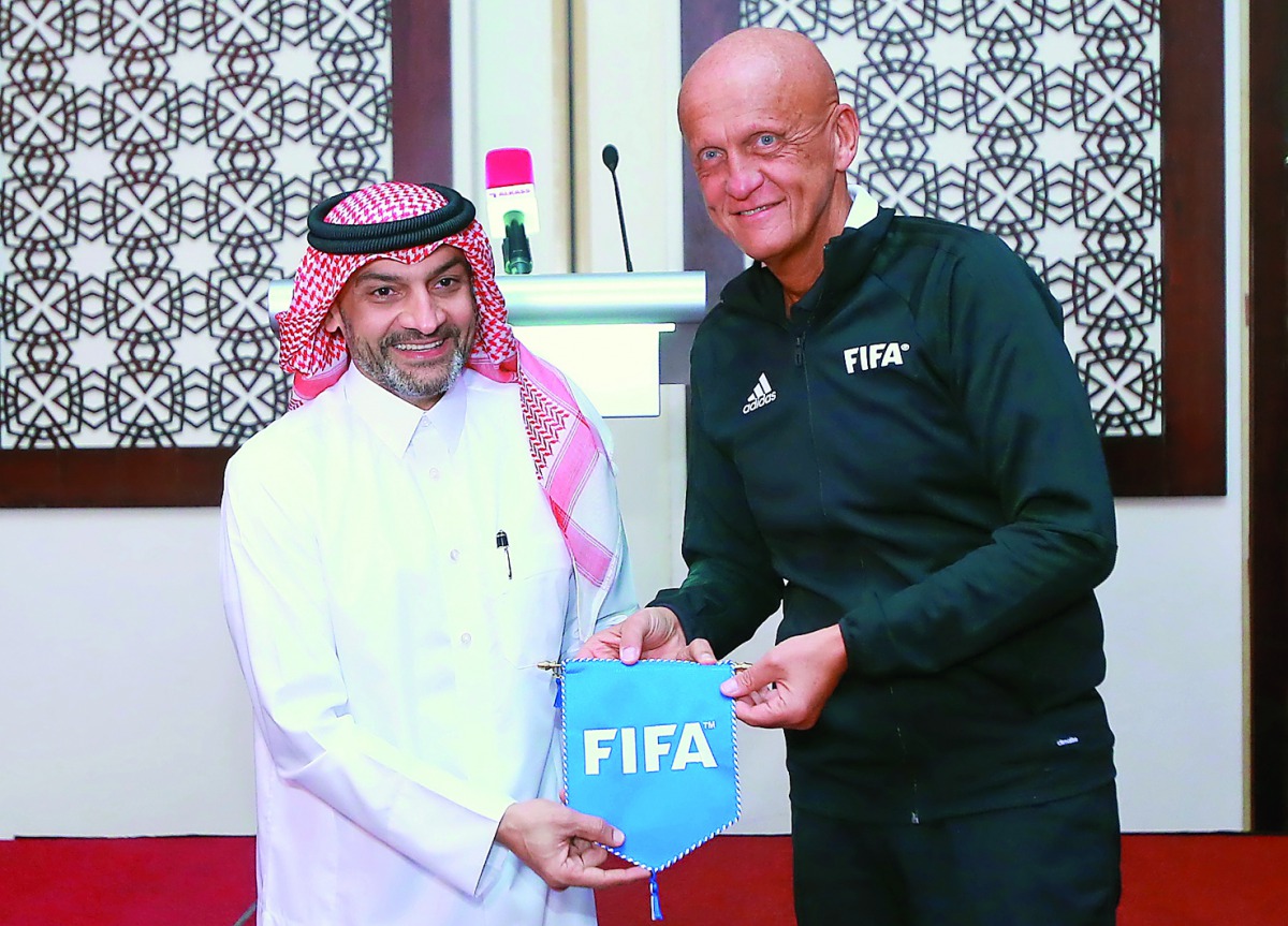Pierluigi Collina, Chairman of the Referees’ Committee at FIFA, and Hani Ballan, Vice Chairman of FIFA Referees’ Committee, Chairman of AFC Referees’ Committee, and Chairman of QFA Referees’ Committee, in Doha yesterday. 