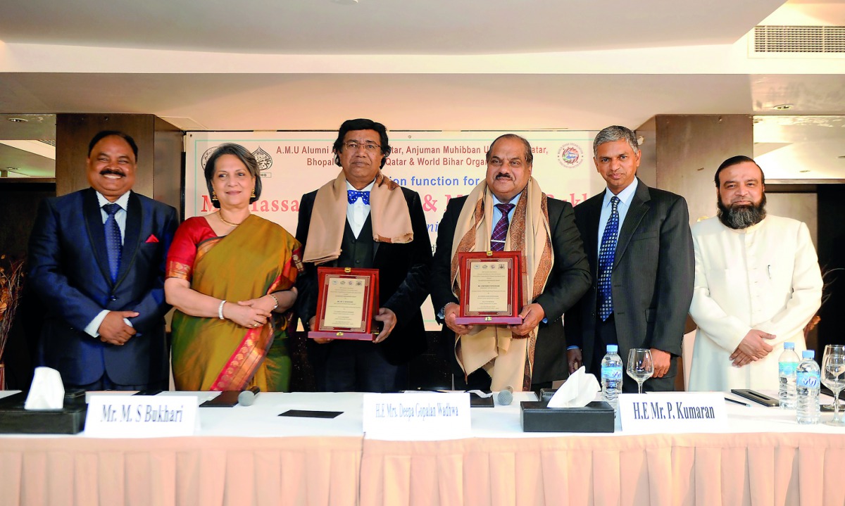 Hassan Chougule (third right) and M S Bukhari (third left)  with Deepa Gopalan Wadhwa, (second left) former Indian Ambassador to Qatar, P Kumaran (second right) Indian Ambassador to Qatar, Mohd Habibun Nabi, (left) and Nadeem Mahir during the felicitation