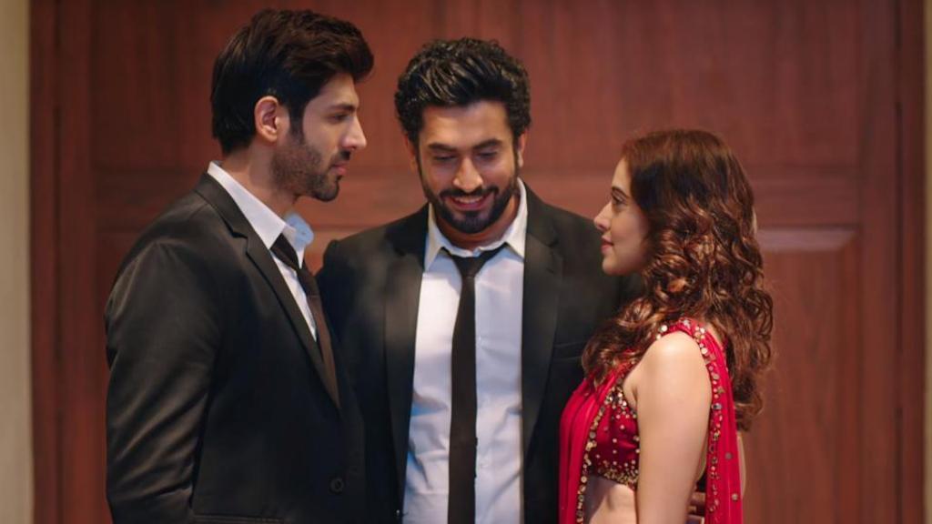 A still of actors Kartik Aaryan (L), Nushrat Bharucha and Sunny Singh Nijjar (C) from the movie Sonu Ke Titu Ki Sweety.