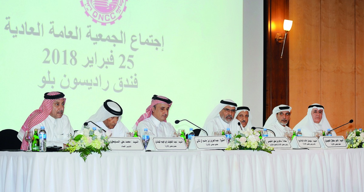 Salem bin Butti Al Naimi (centre), Chairman and Managing Director, QNCC and other board members at the Annual General Assembly meeting of the company, yesterday