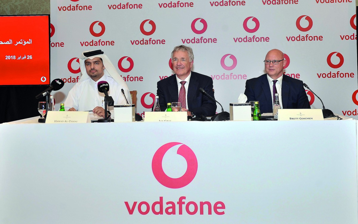 FROM LEFT: Sheikh Hamad bin Abdullah Al Thani, Vodafone Qatar COO, Ian Gray, Vodafone Qatar CEO and Brett Goschen, Chief Financial Officer at Vodafone Qatar announcing the Company’s financial results at the Four Seasons , yesterday. Pic: Baher Amin/The Pe